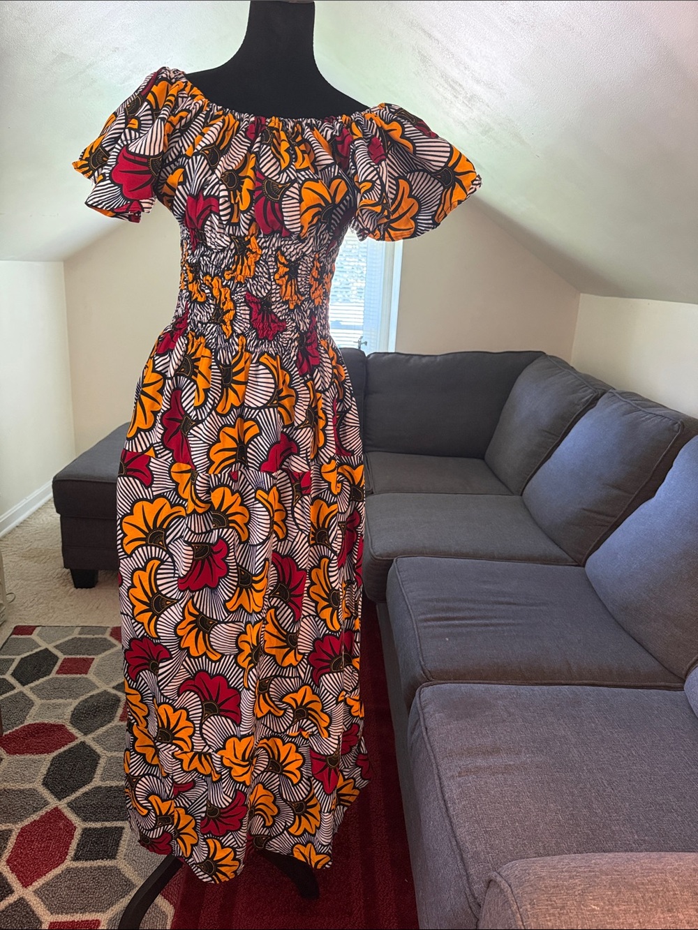 Off-Shoulder Floral Maxi Dress in Yellow & Red made in Ghana